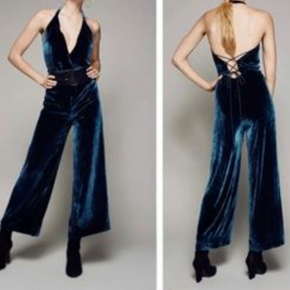 Free People "Rumpled Silk" Velvet Halter Jumpsuit Size 6